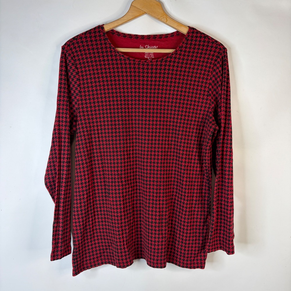 Chico's Long Sleeve Tee Women Size 3 Red Black Houndstooth Cotton Crew Neck